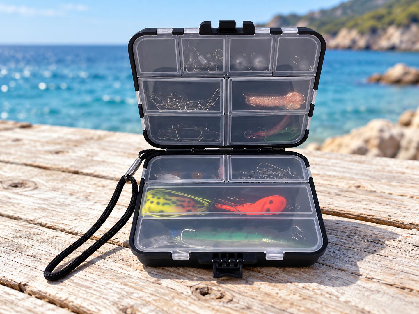 Organizer per minuteria da pesca aperto su un tavolo vicino al mare
